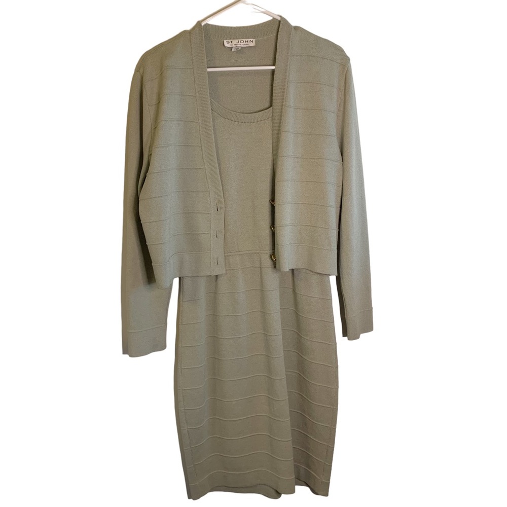 St. John By Marie Gray Sage Green 2 Piece Dress Cardigan Size 8 Women